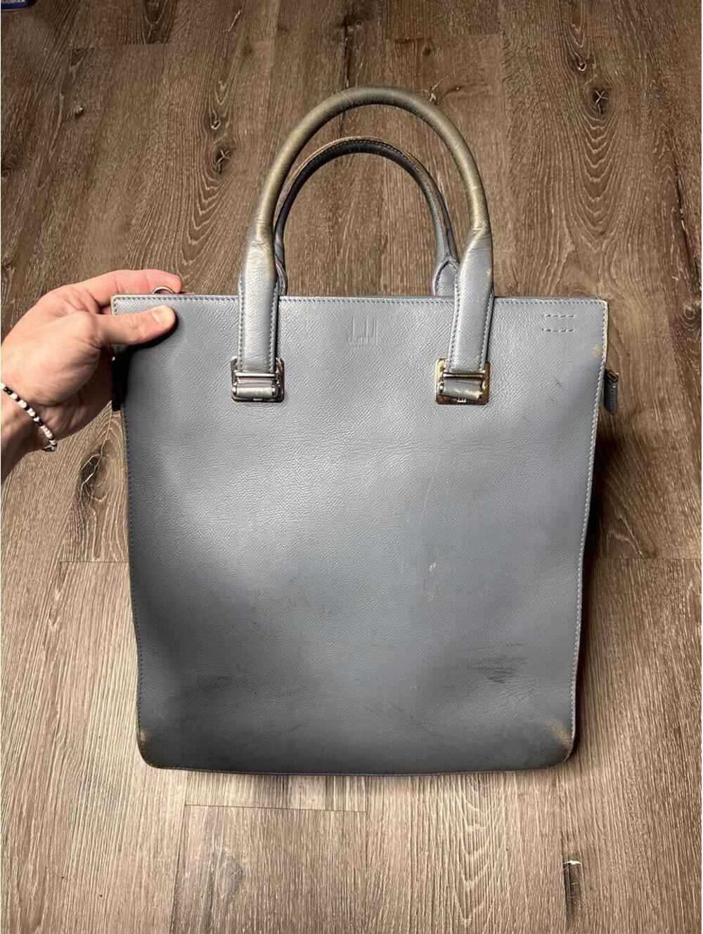 Blue Dunhill Large leather tote bag with gold hardware
